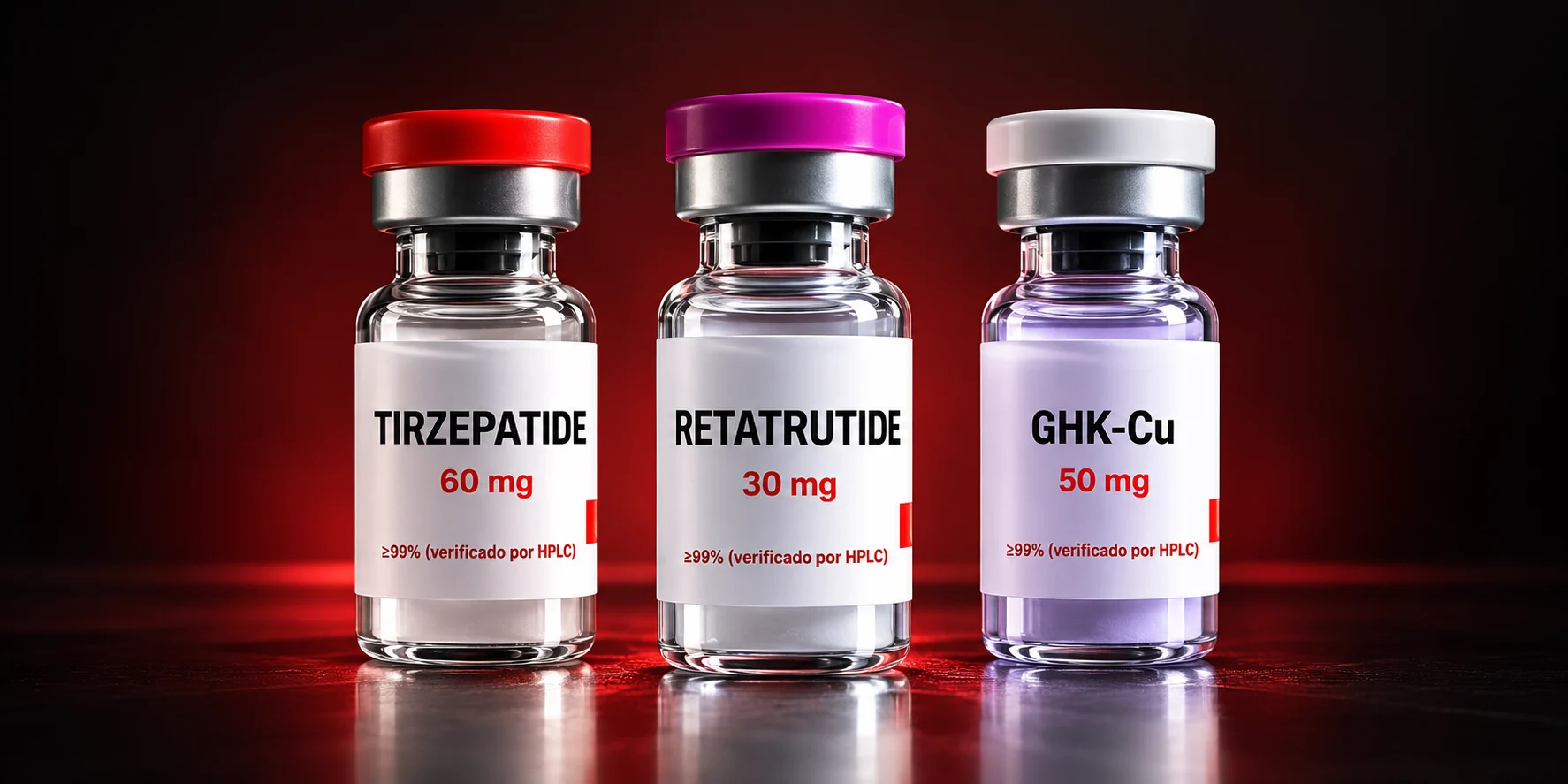 Viales MCP de tirzepatide 60 mg, retatrutide 30 mg y GHK-Cu 50 mg